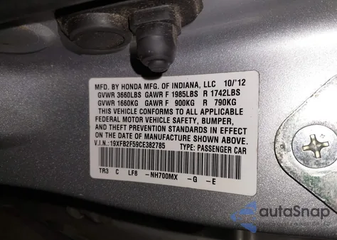 2012 Honda Civic Lx z USA, uszkodzony, nr VIN 19XFB2F59CE382785